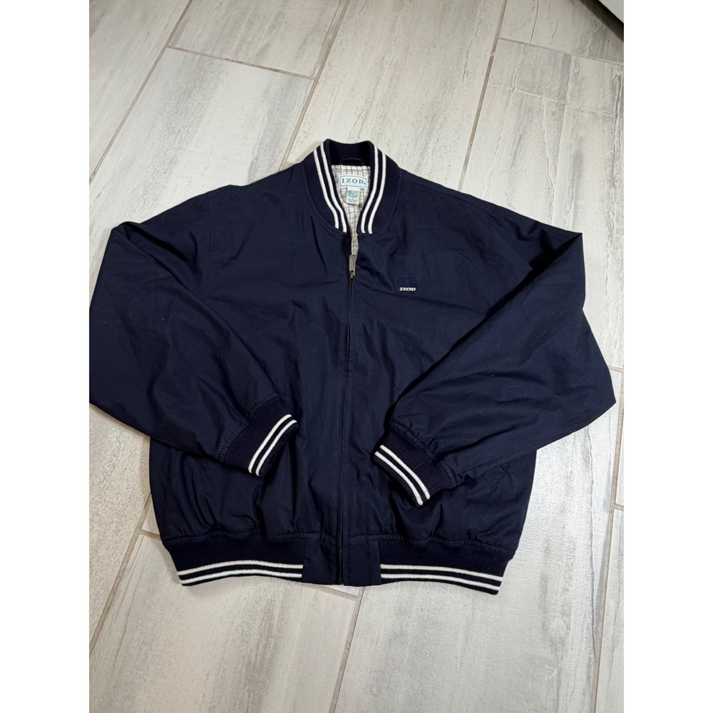 Izod Mens Harrington Bomber Jacket Navy Blue Cotton Varsity Full Zip Large